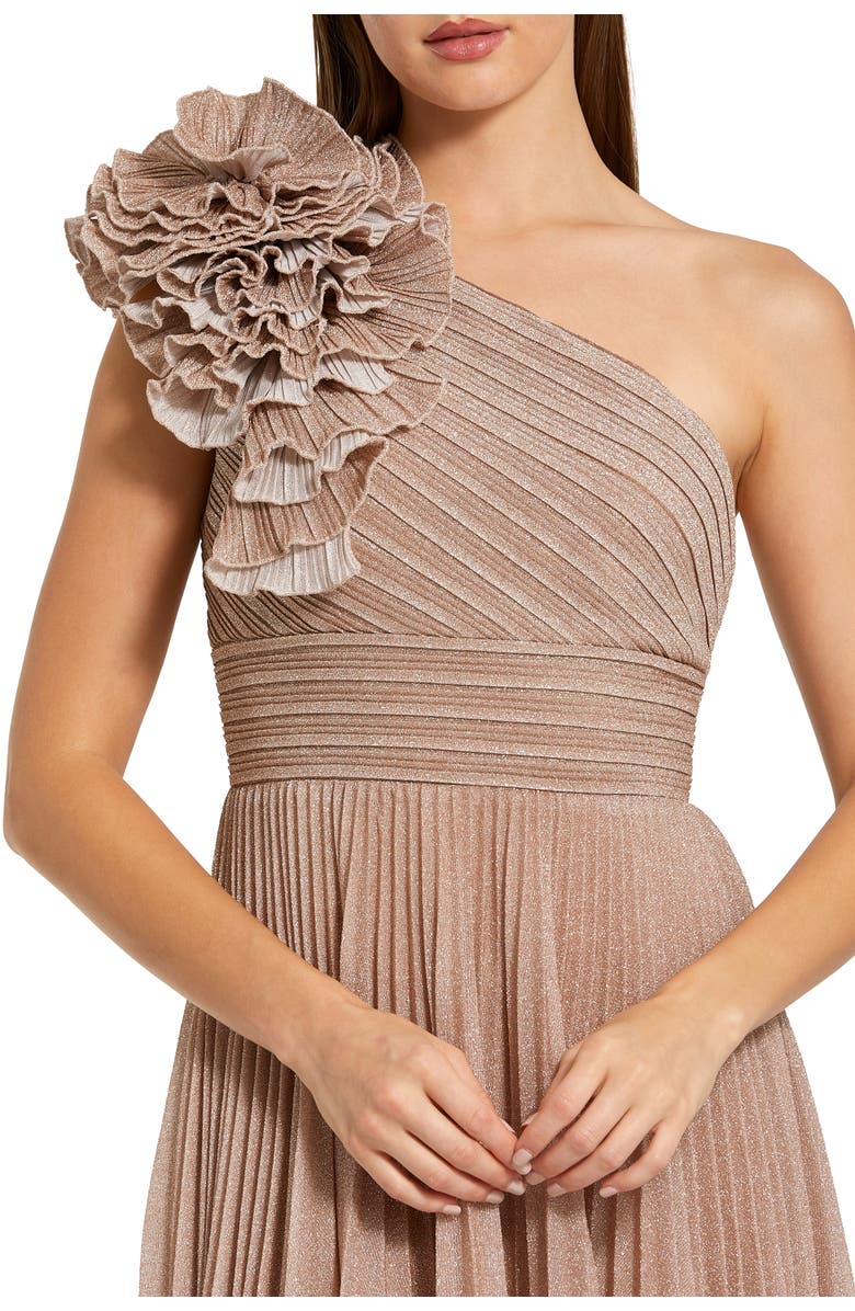 Mac Duggal Petite Pleated Metallic One Shoulder Gown With Ruffle, Alternate, color, Champagne