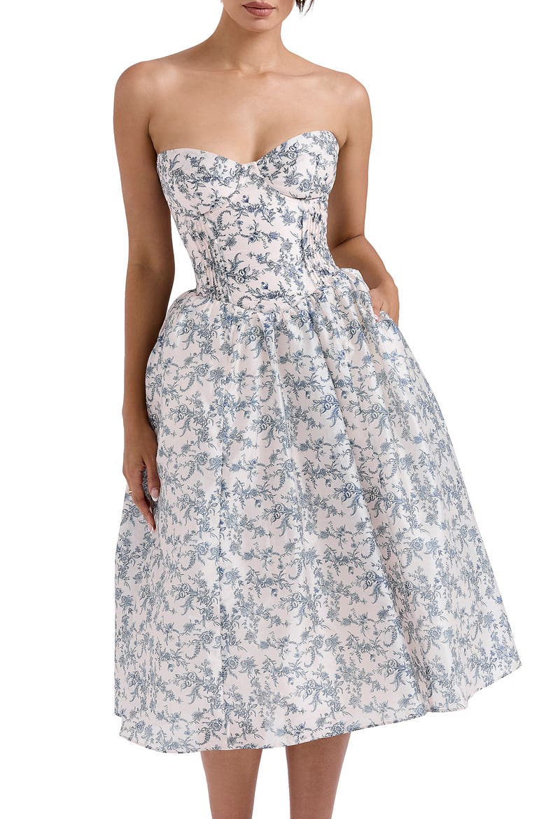 Bennett Corset Strapless Fit & Flare Cocktail Dress, Main, color, NAVY CREAM FLORAL