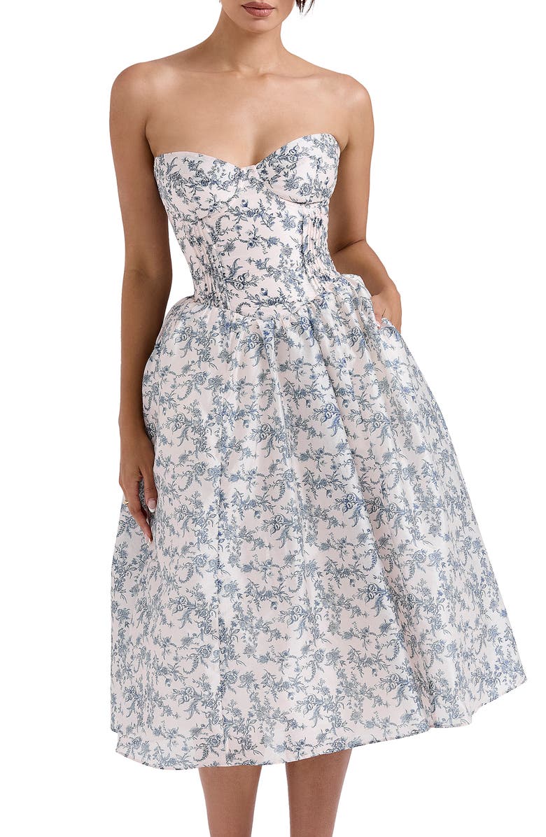 HOUSE OF CB Bennett Corset Strapless Fit & Flare Cocktail Dress, Main, color, Navy Cream Floral