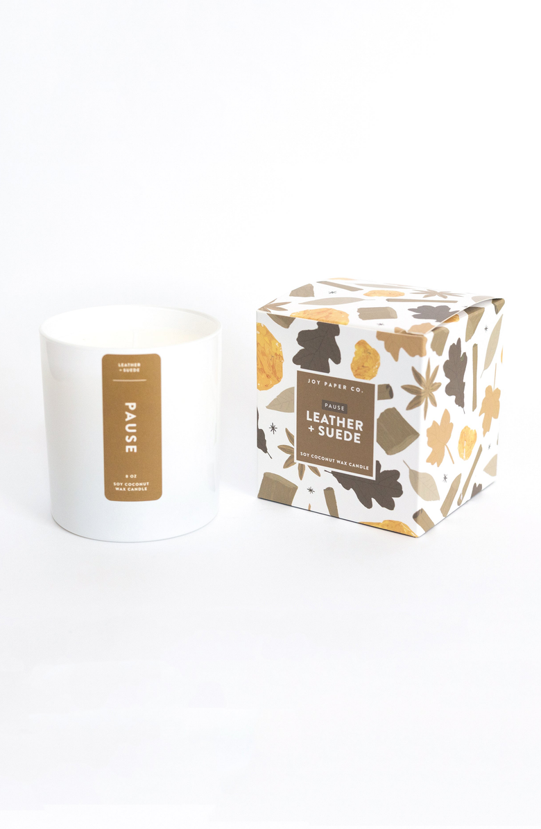 Joy Paper Co. Pause Leather Suede Coconut Soy Candle, Alternate, color, White With Gold