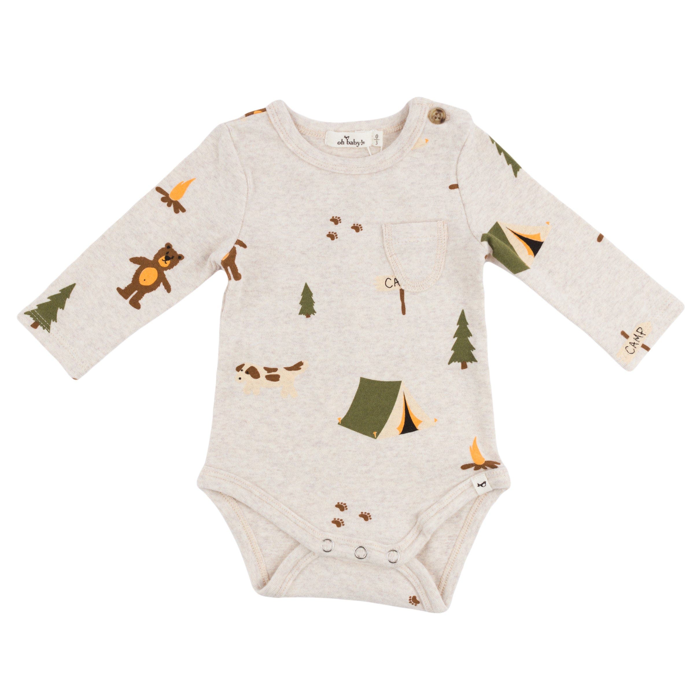Oh baby! Brand Teddy Bear Face Print Pocket Romper- Infant in Malt 