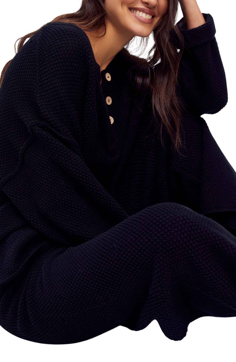 Free People free-est Hailee Waffle Stitch Long Sleeve Top & Wide Leg Pants Knit Set, Alternate, color, Black