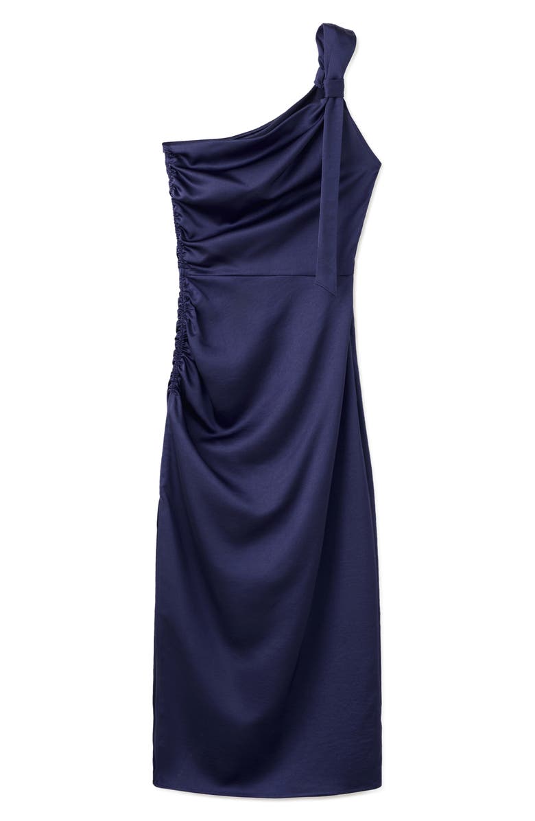 MANGO Safira One-Shoulder Side Ruched Satin Dress, Main, color, Night Blue