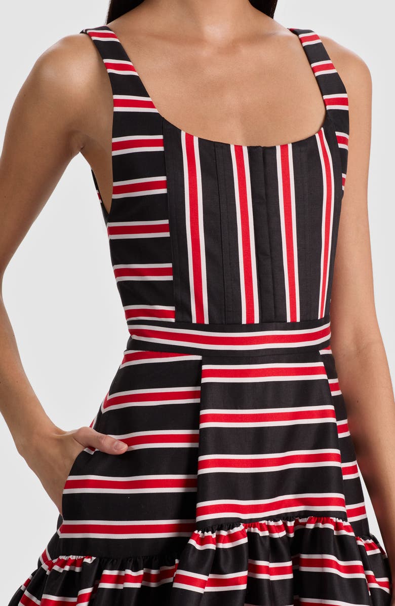 Alice + Olivia Diana Directional Stripe Structured Cotton Blend Dress, Alternate, color, Teakwood Stripe Large Black