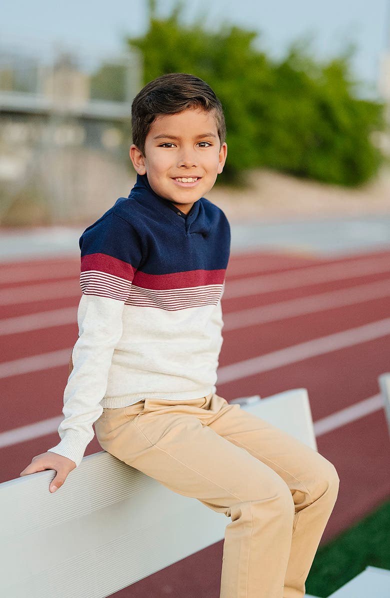 Hope & Henry Kids' Organic Long Sleeve Striped Shawl Collar Sweater, Alternate, color, Navy And Gray Chest Stripe