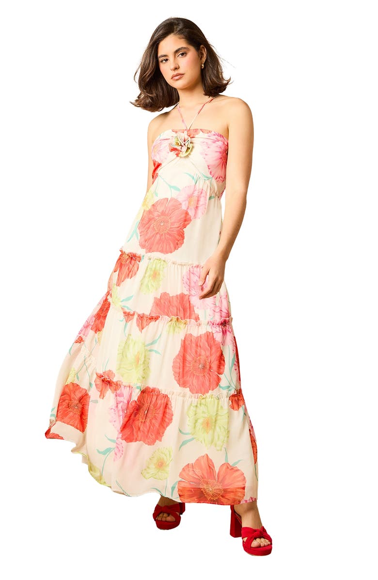 Oasis Rosette Detail Halterneck Midi Dress, Main, color, Ivory