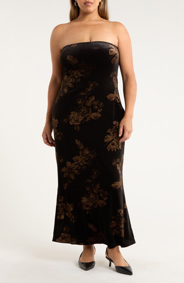 SUGARLIPS Ace Floral Dynamite Strapless Velvet Dress, Main, color, Black-Multi