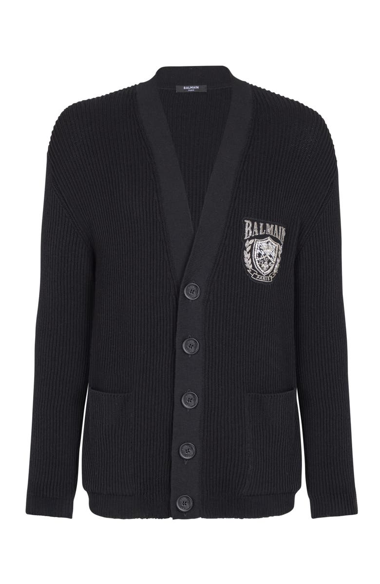 Balmain Cotton tube-knit cardigan, Main, color, Black