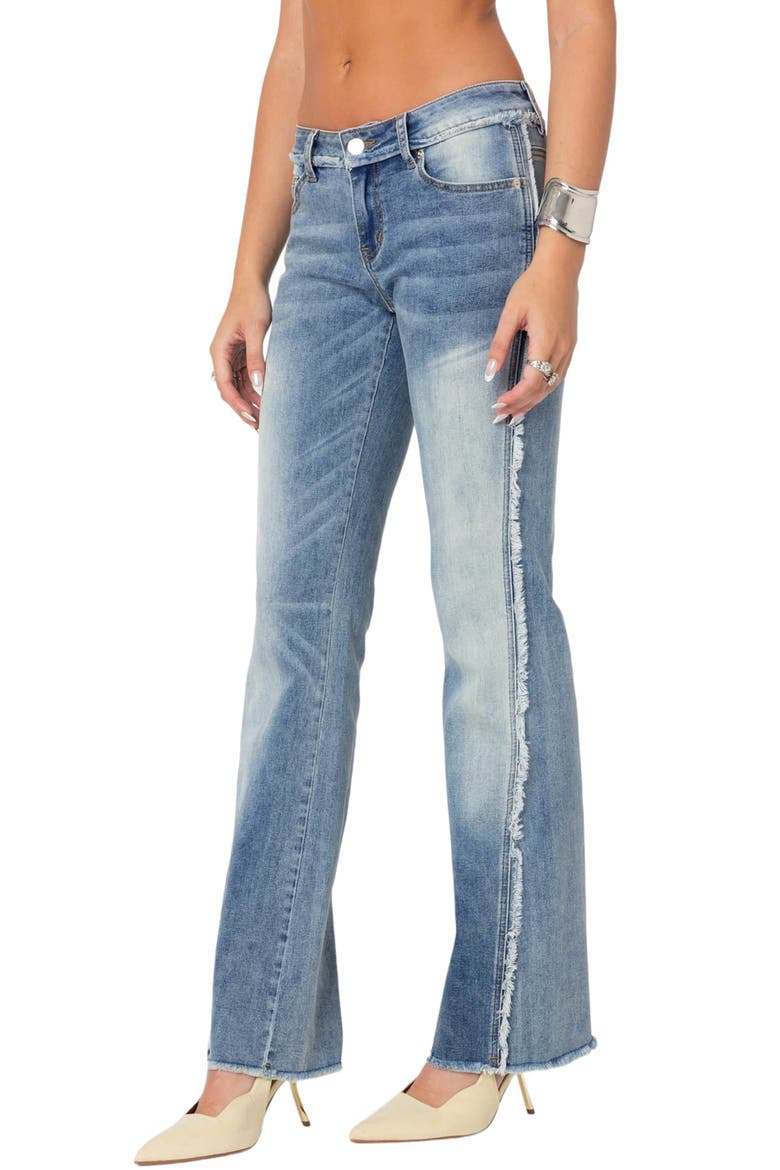 Distressed Frayed Low Rise Flare Jeans, Alternate, color, BLUE-WASHED