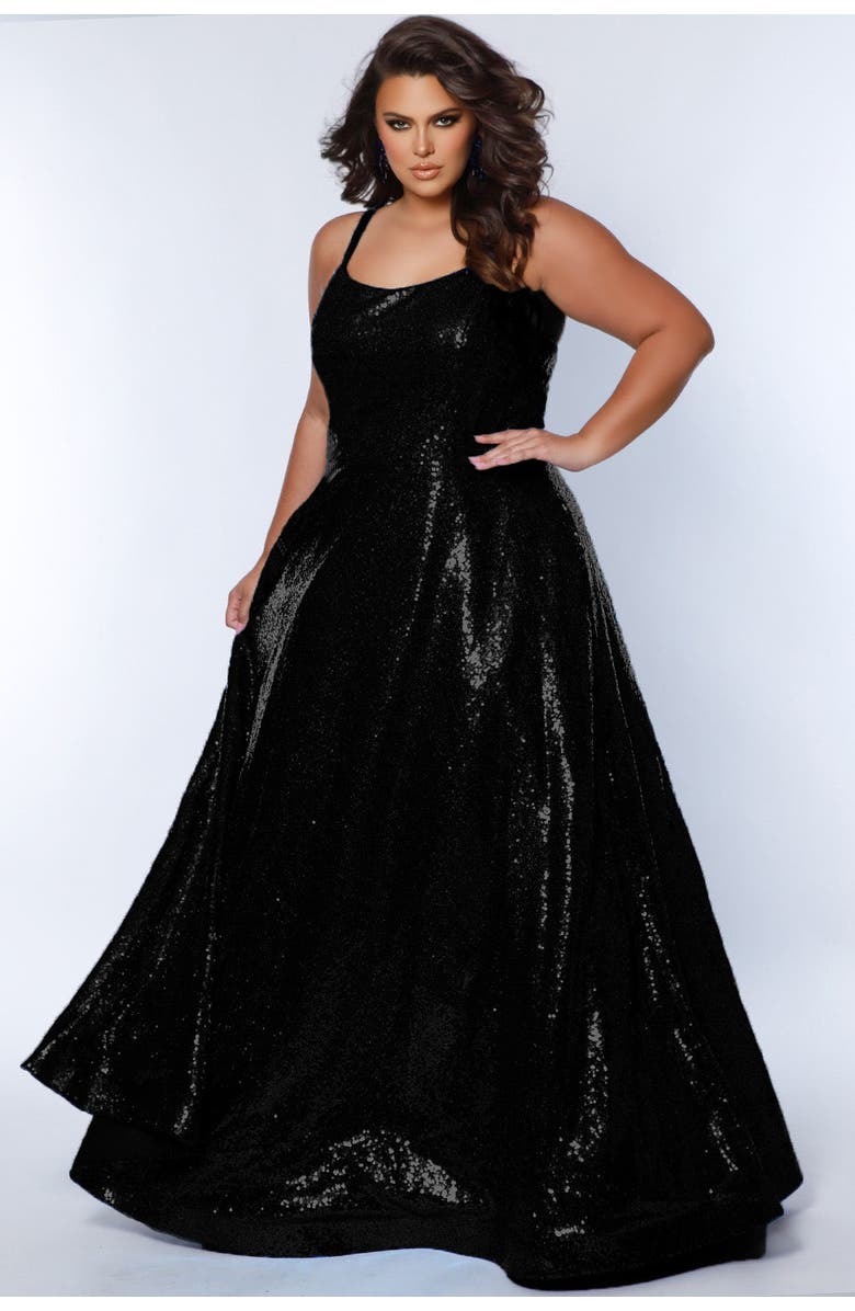 Sydney's Closet Sequin Scoop Neckline Plus Size A-Line Gown, Main, color, 
