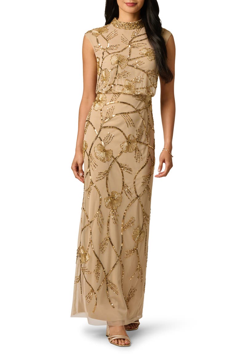 Beaded Mock Neck Sleeveless Gown, Main, color, GOLD