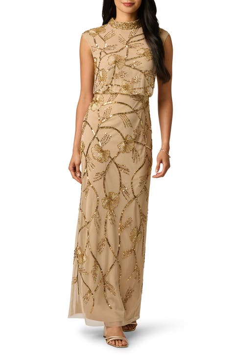 Beaded Mock Neck Sleeveless Gown