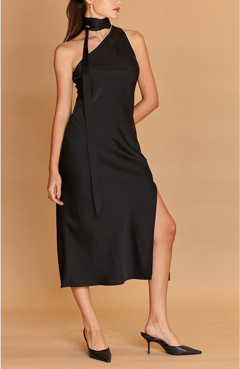 CRESCENT One Shoulder Scarf Satin Midi Dress, Alternate, color, Black