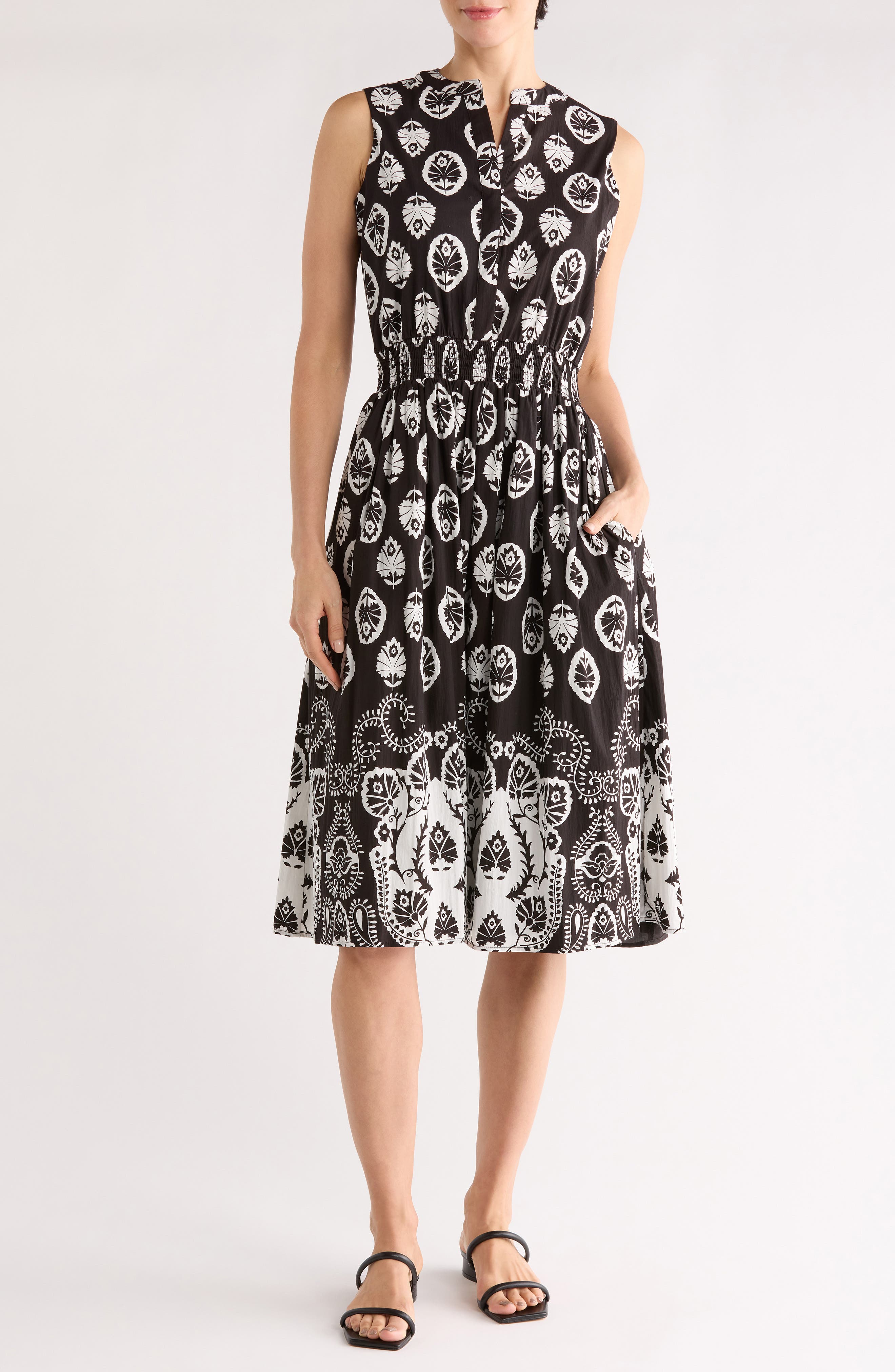 T Tahari Split Neck Sleeveless Midi Dress