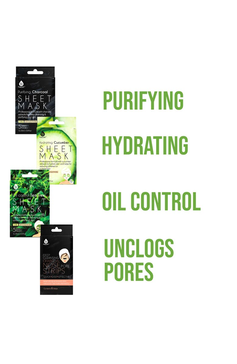 PURSONIC Charcoal Sheet Mask + Tea Tree Sheet Mask + Cucumber Sheet Masks + Cleansing Charcoal Nose Pore Strip, Alternate, color, Multicolor