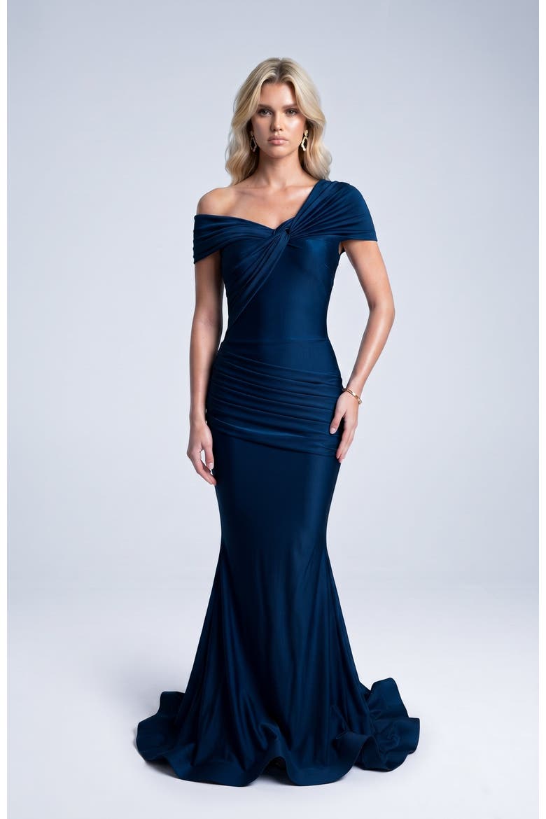 One Shoulder Twist Ruched Mermaid Evening Gown, Alternate, color, Navy