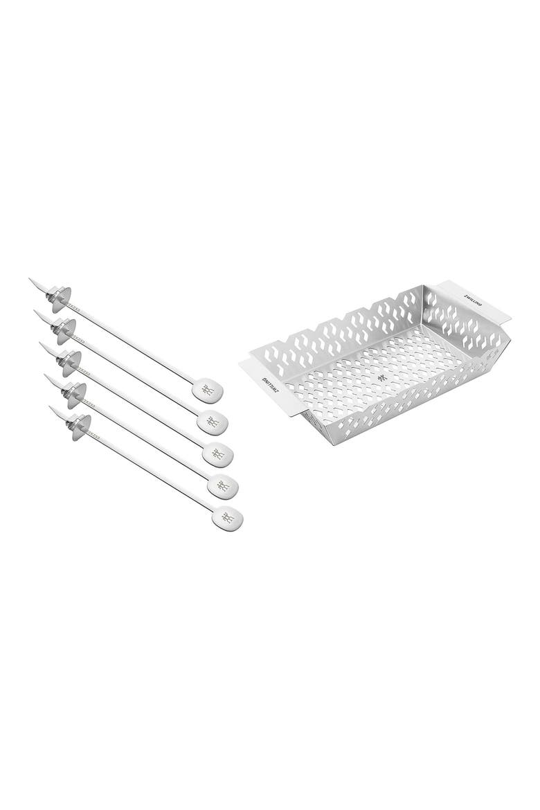 6-Piece Barbecue Skewers & Basket Set, Main, color, STAINLESS STEEL