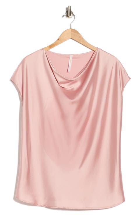 Cowl Neck Short Sleeve Satin Top (Plus)