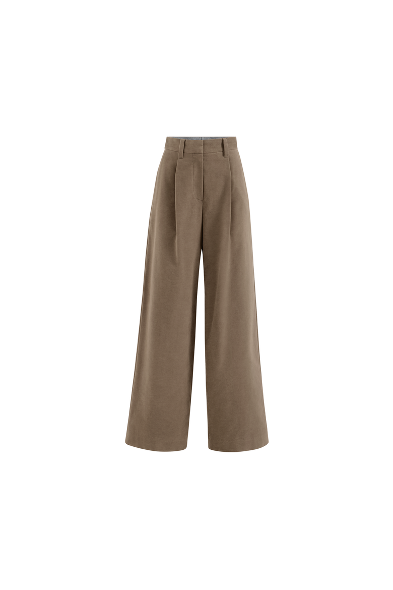 Stretch Cotton Moleskin Loose Tailored Trousers With Monili, Alternate, color, Brown