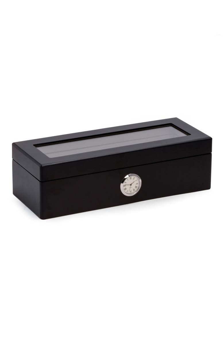 Black Wood 4-Watch Storage Case with Clock, Main, color, BLACK
