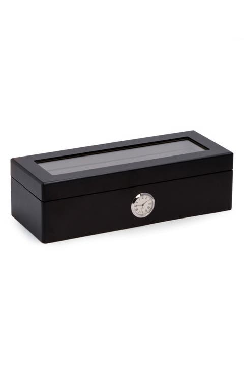 Black Wood 4-Watch Storage Case with Clock