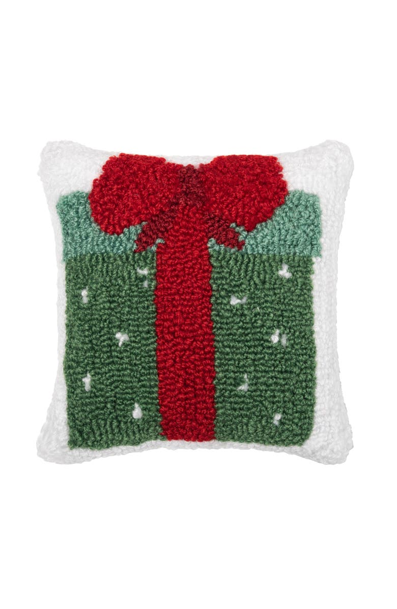 C&F Home Dotted Christmas Present Red Bow Hooked Mini Accent Pillow 8" x 8", Main, color, 