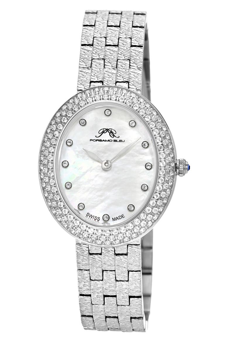 Women's Porsamo Bleu Angelica Oval MOP Dial Topaz Stainless Steel Watch, Main, color, SILVER