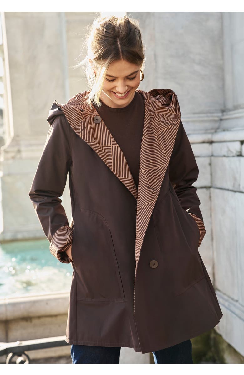 Jessica London Reversible A-Line Raincoat, Alternate, color, Camel Diamond Stripe