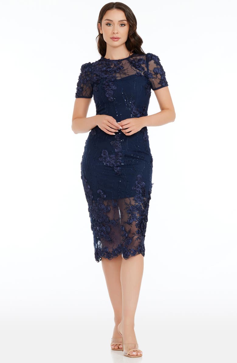 Dress the Population Lia Sequin & Flower Appliqué Sheath Dress, Alternate, color, Navy