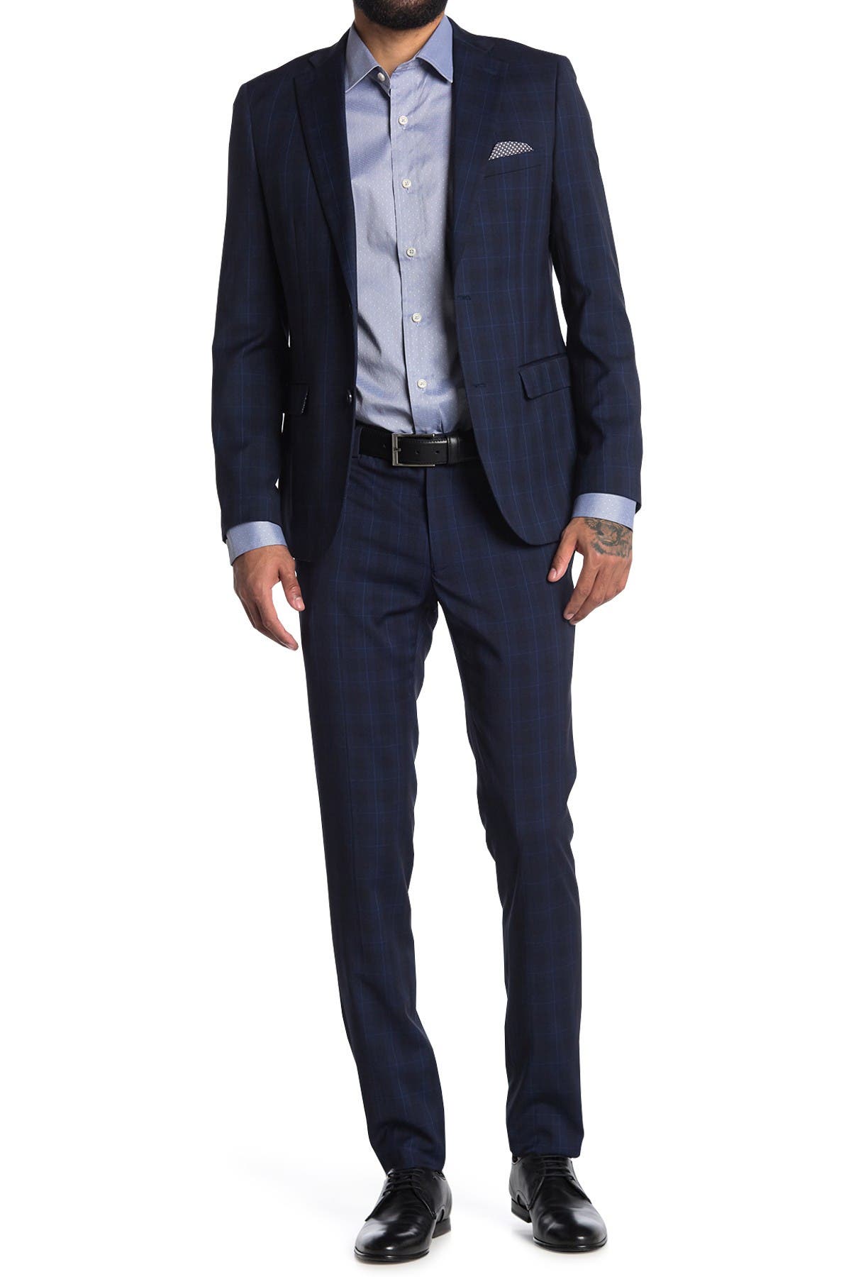 SOUL OF LONDON Navy Windowpane Plaid Two Button Notch Lapel Slim Fit ...
