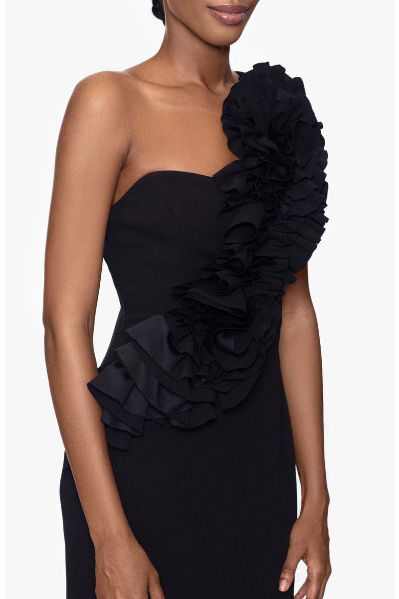Rosette One-Shoulder Trumpet Gown, Alternate, color, BLACK