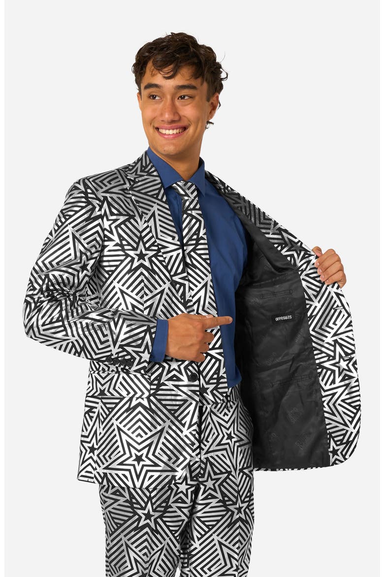 Silver Geo Star Slim Fit Two-Piece Suit & Tie Set, Alternate, color, BLACK/ SILVER