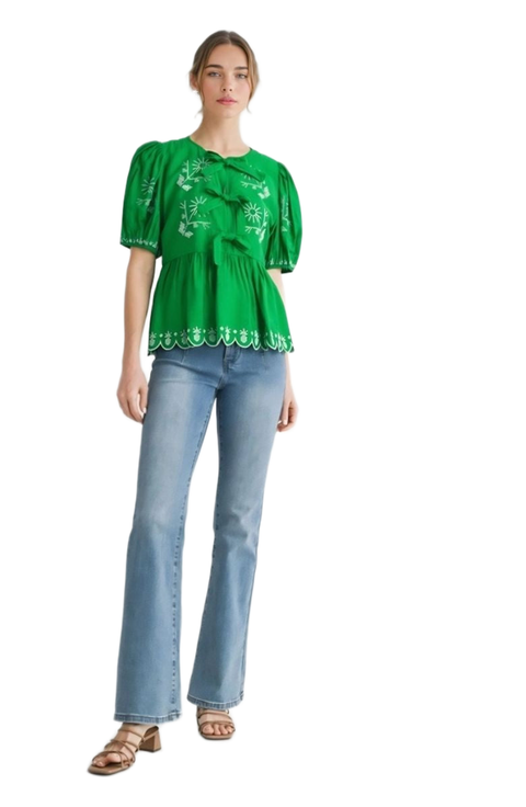 Embroidered Puff Sleeve Bow Blouse