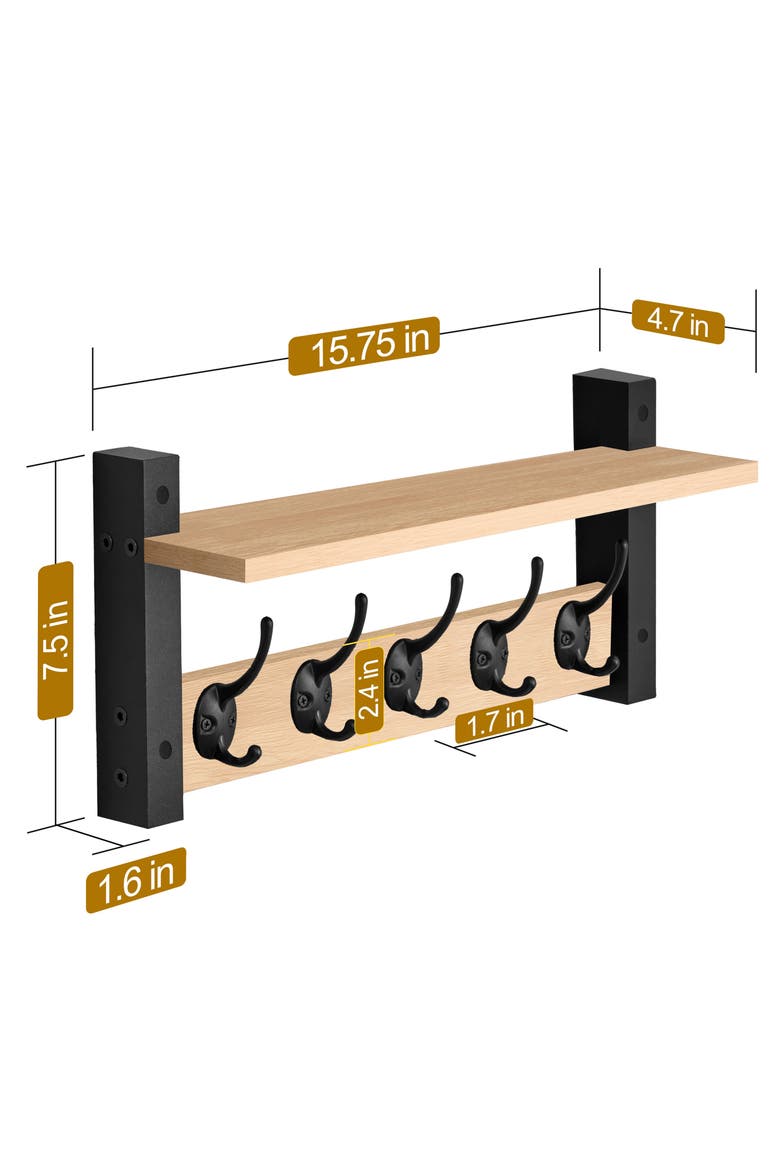 16-Inch Floating Wall Shelf with Hooks, Alternate, color, MAPLE