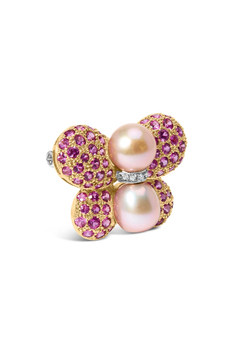 Haus of Brilliance 18K Gold South Sea Pearl & Pink Sapphire Butterfly Pin Brooch with Diamond Accent, Alternate, color, Yellow
