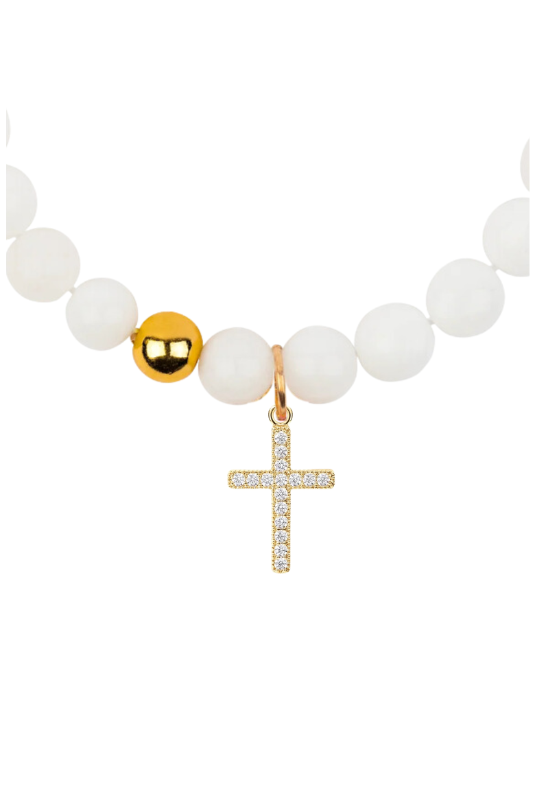 Semi-Precious Gemstone Cross Charm Bracelet in Gift Pouch, Alternate, color, White