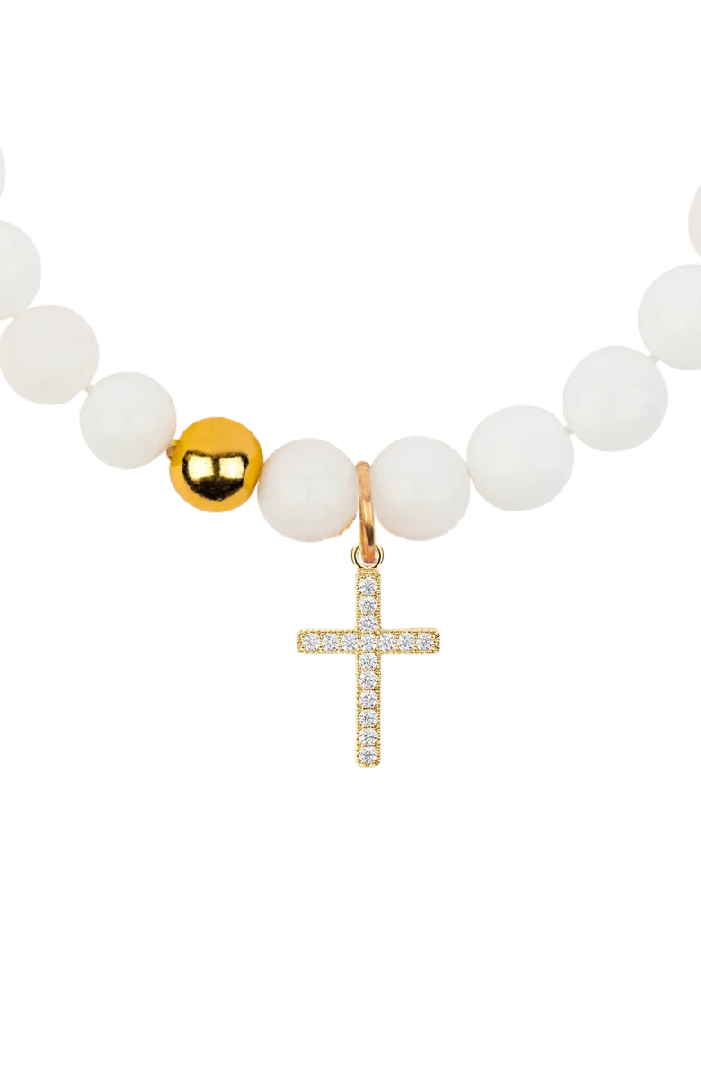 Little Miss Zoe Semi-Precious Gemstone Cross Charm Bracelet in Gift Pouch, Alternate, color, White