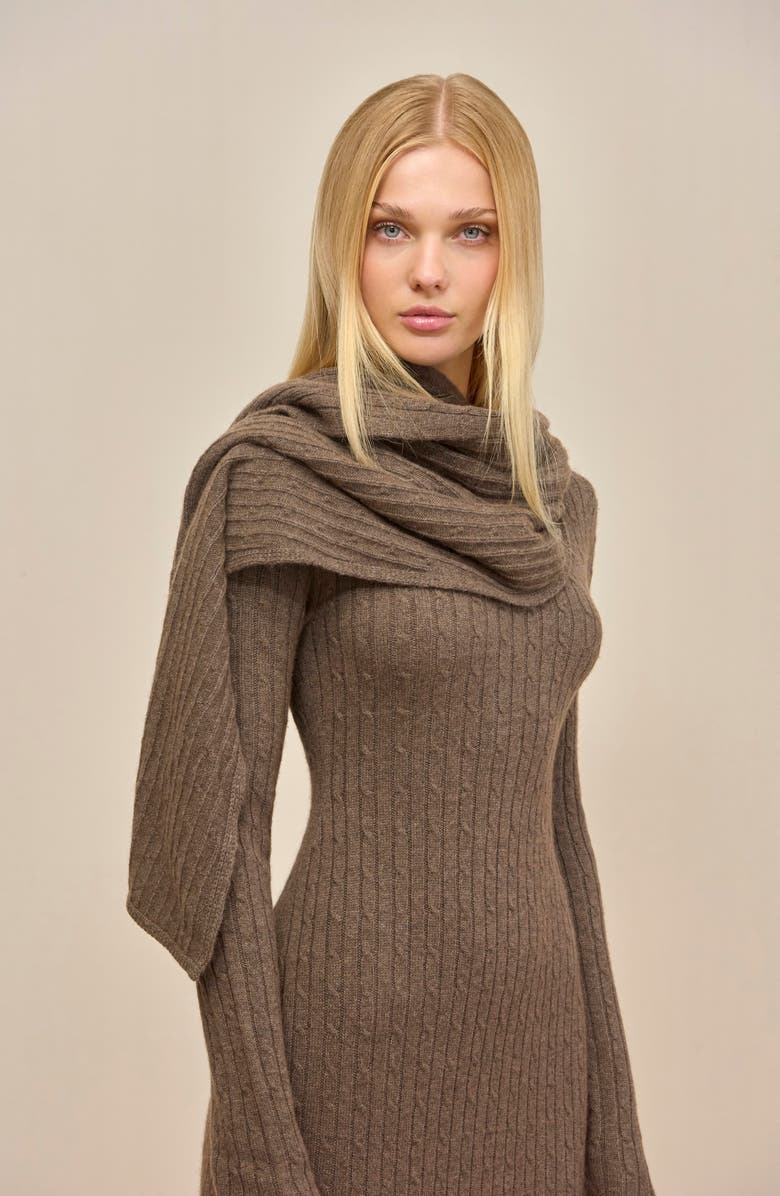 Cult Gaia Natacha Long Sleeve Wool & Cashmere Sweater Dress with Attached Scarf, Alternate, color, Otter