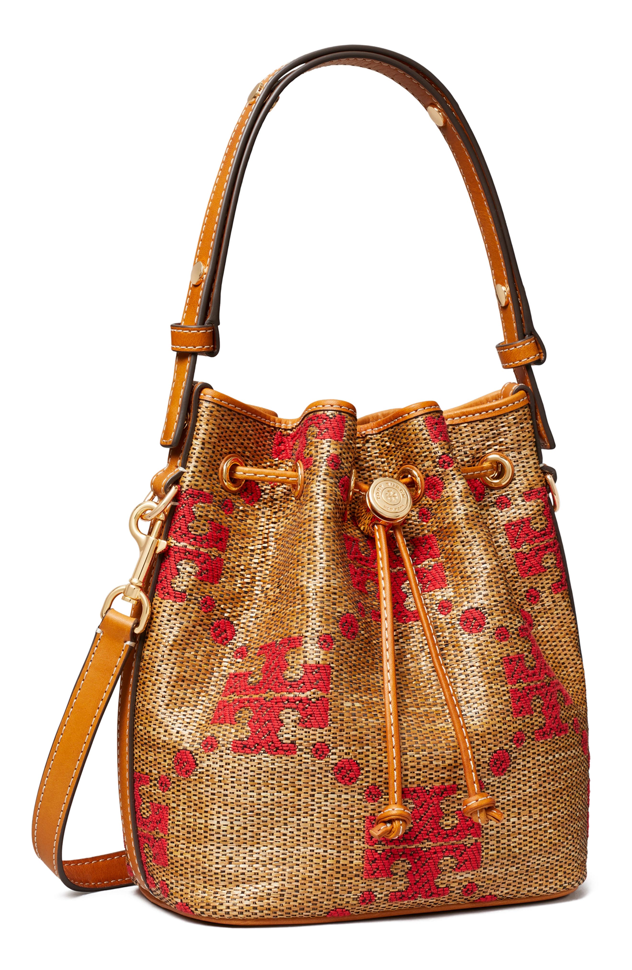 Tory Burch T Monogram Straw Bucket Bag, Alternate, color, Natural