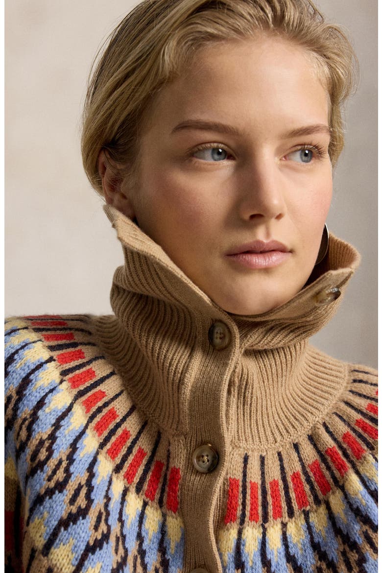 Fair Isle Wool & Cashmere Cardigan, Alternate, color, CAMEL MULTI