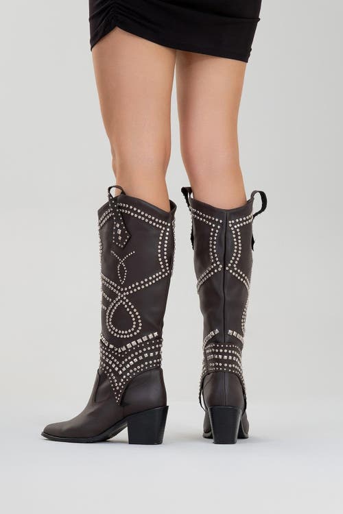 Prologue Shoes Draga Studded Block Heel Knee High Boot In Brown