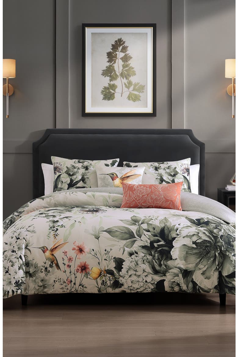 Hummingbird Bloom Reversible Cotton Sateen Comforter Set, Alternate, color, GREY