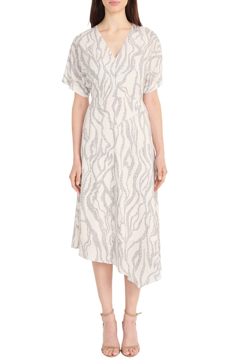 Maggy London Abstract Print Asymmetric Midi Dress, Main, color, Ivory/ Charcoal