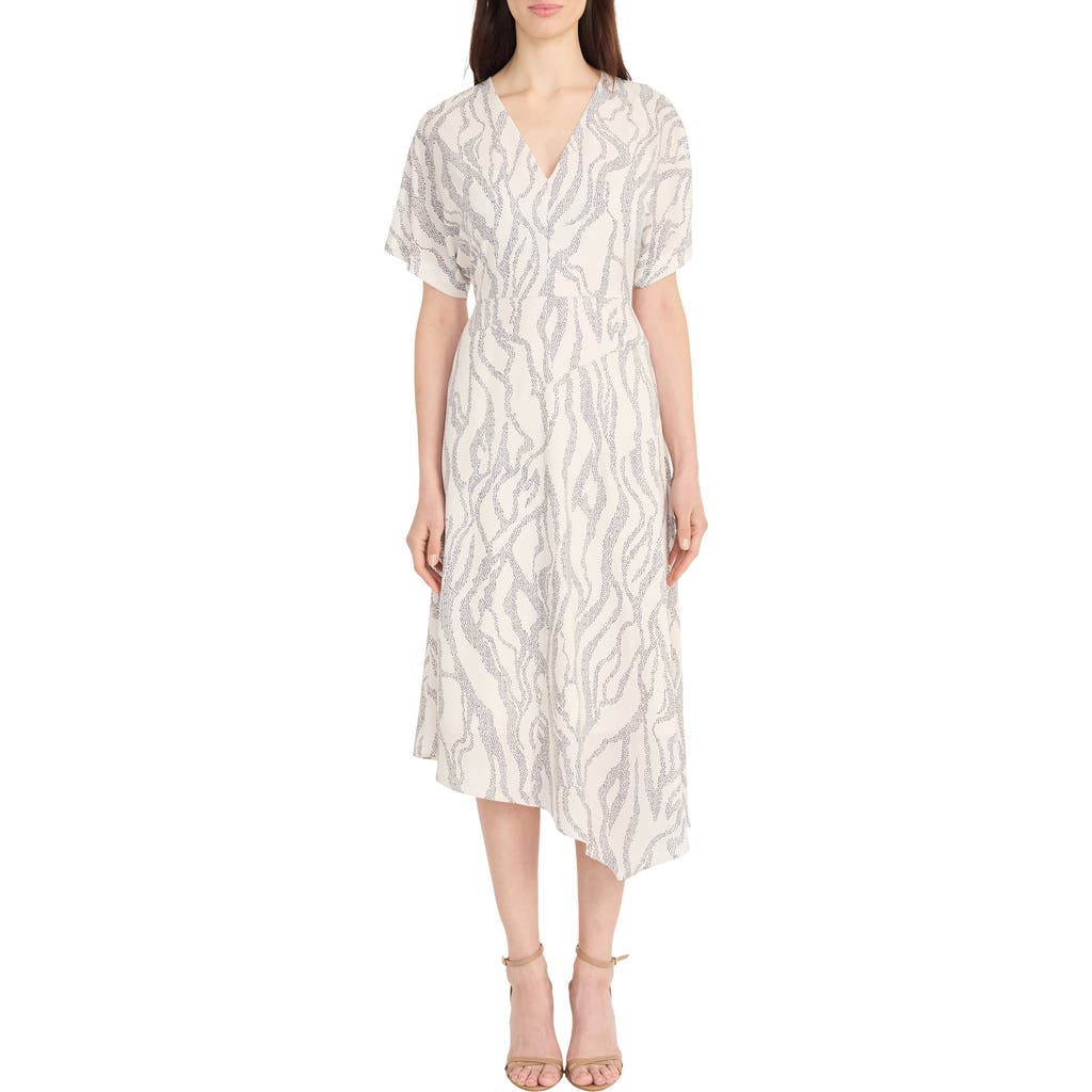 Maggy London Abstract Print Asymmetric Midi Dress In Ivory/charcoal