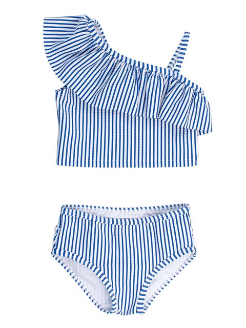 UPF50+ Sun Protected Seersucker One Shoulder Ruffle Tankini 2-Piece Swimsuit