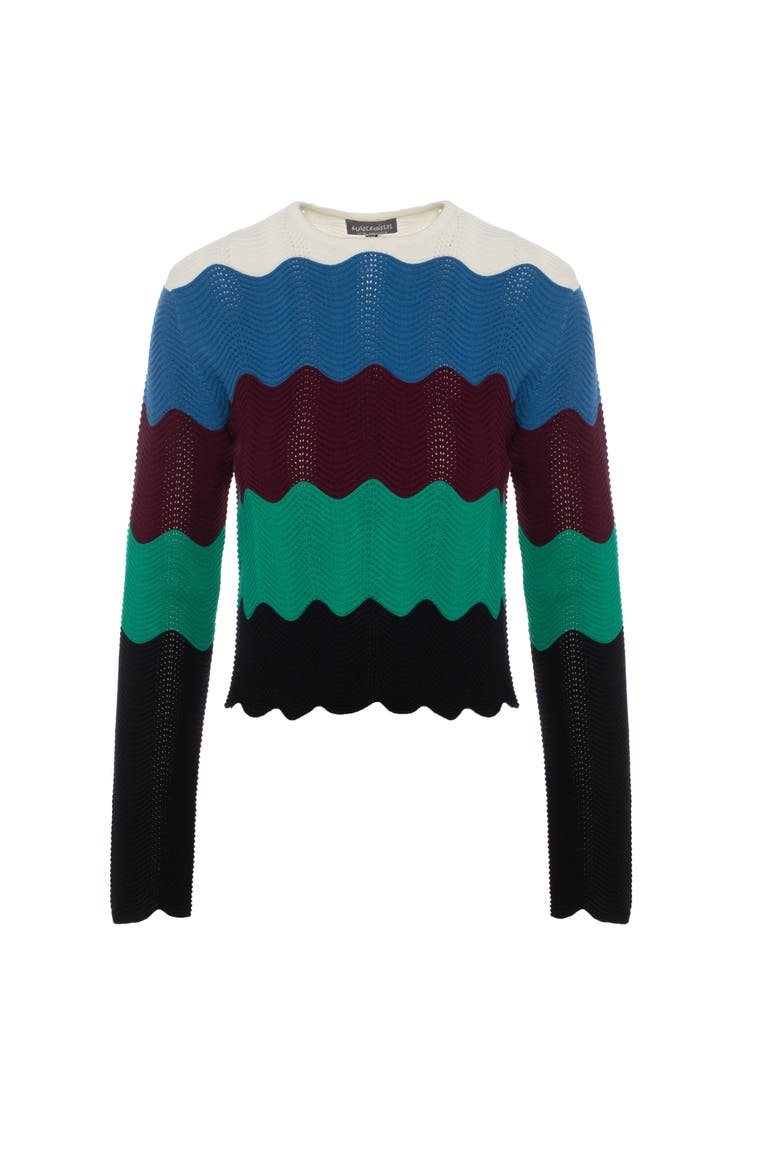 Crochet Color Blocked Wavy Round Neck Cardigan, Alternate, color, Multi