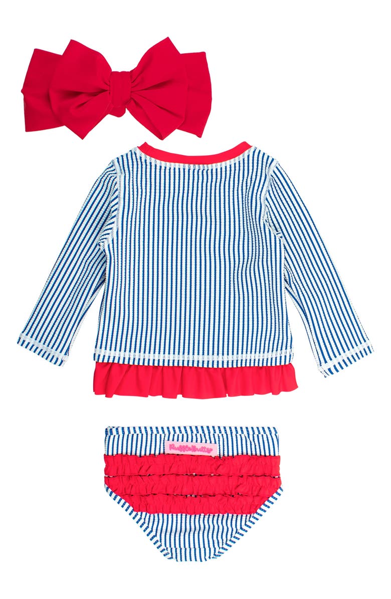 RuffleButts Seersucker Two-Piece Rashguard Swimsuit & Bow Headwrap Set, Alternate, color, Blue