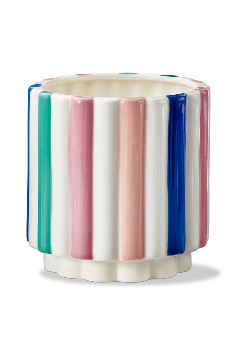 Scallop Striped Stoneware Planter Multi 5.71x5.71x5.83 in with Silicone Plug, Main, color, White