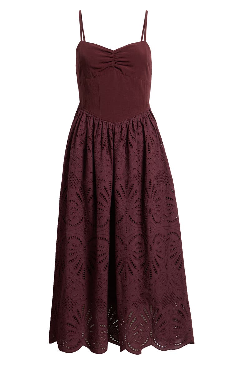 Eyelet Scallop Sleeveless Midi Dress, Alternate, color, WINE