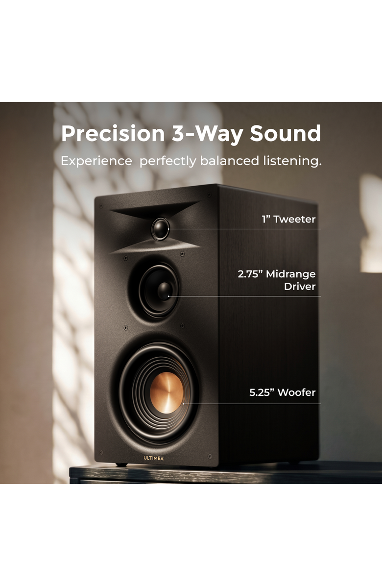 Ultimea BS-3 3-Way Bluetooth Bookshelf Speakers with HDMI ARC, 70W RMS, 5.25" Woofer, App Control, Alternate, color, Black